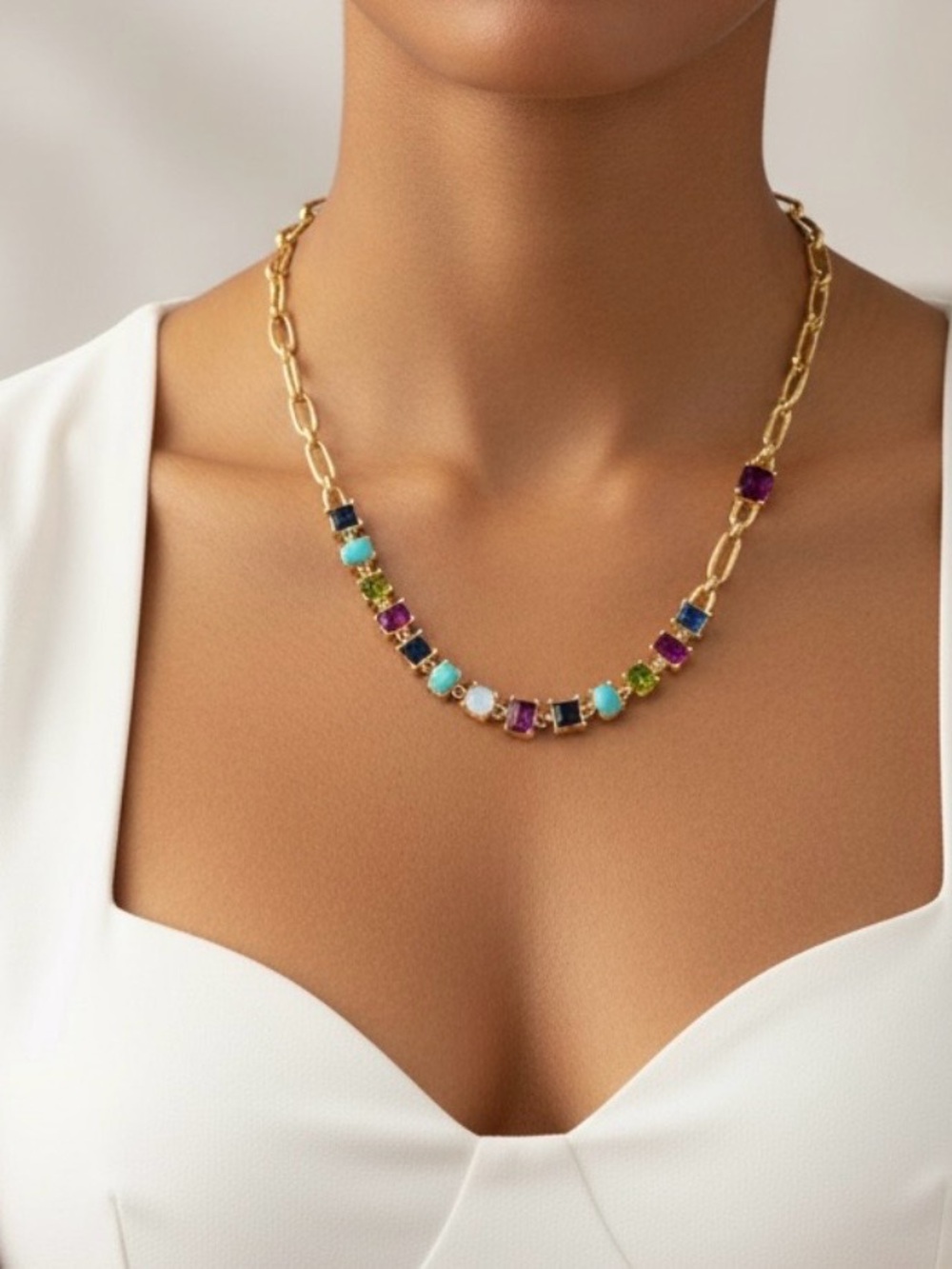 Graziano Signed RJ Multi Colored Lucite Rhinestone Chain Link Necklace FIRM - Picture 2 of 11